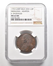 1793 G. Britain D&H-1033 1/2 Penny Middlesex-Newton Engrailed MS62 BN NGC *4725