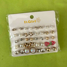 It Girl Multicolor Stud Earrings Set Faux Pearl Rhinestone Strawberry Theme