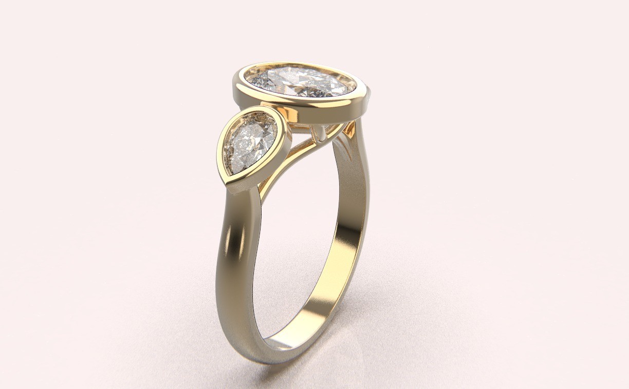 14k Solid Gold 1.0Ctw Oval Center and Pear Shape Side Lab Grown Diamond Ring