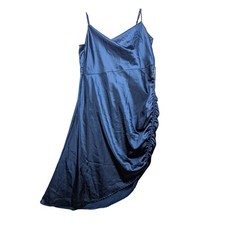 Fashion Nova Navy Blue Satin Cowl Neck Ruched Asymmetrical Midi Dress 1X