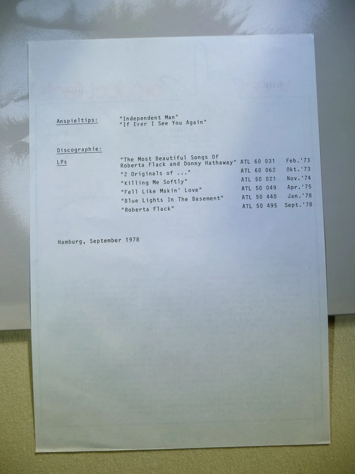 Roberta Flack  - Roberta Flack  (Promotion Copy + Promo-Sheet, Unplayed) - Bild 3 von 4
