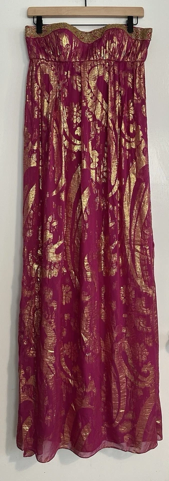 aidan mattox Fuschia & Gold Metallic Beaed Silk Chiffon Strapless Dress Size 6 - Image 2 of 4
