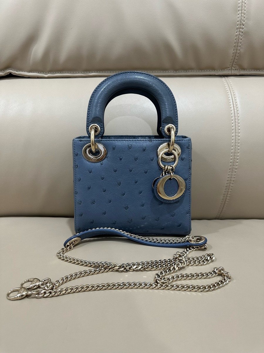 Dior Lady Dior 3-grid Ostrich Leather Blue Top Handle Bag For