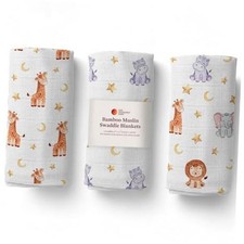 Muslin Swaddle Blankets, 3-Pack - Soft Bamboo Rayon and Cotton Animals
