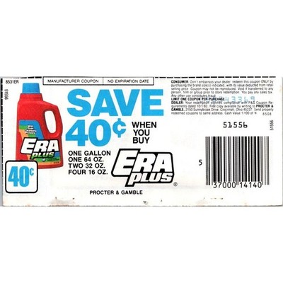 Procter & Gamble Save 40c Buy Era Plus Cincinnati OH 1980s Coupon SAI1-H4