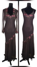 Xscape Y2k Brown Silk Beaded Foral Mermaid Maxi Slip Fairy Dress & Shrug Sz 10P