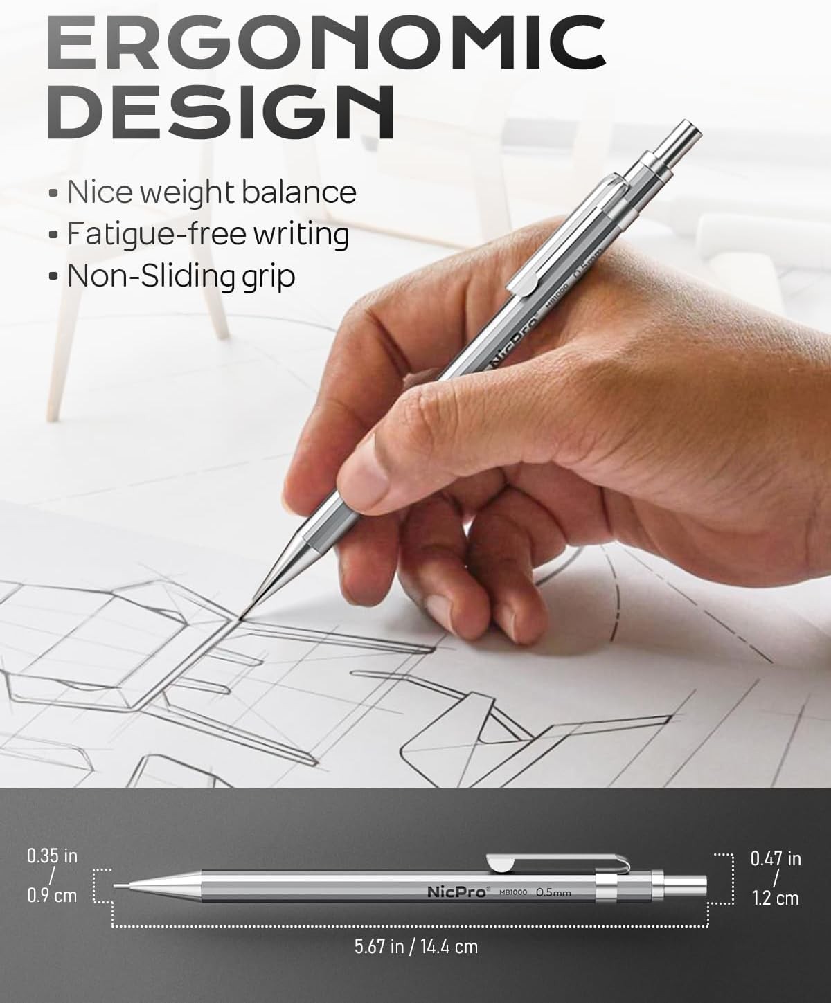 Nicpro 4 Pack Mechanical Pencil 0.5 mm with Case, MB1000 mm, Multicolor 