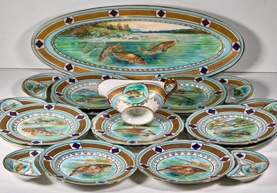 Rare 20Pc Fish Service Royal Vienna TK Thun Schlaggenwald 24'' Platter Gold