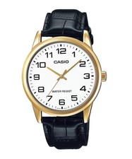 Casio Black Leather Gold Bezel Quartz Men's Watch MTP-V001GL-7BUDF
