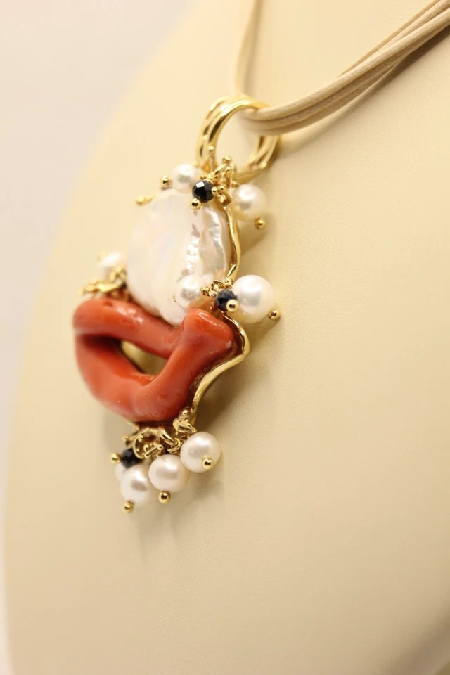 CIONDOLO ARGENTO CORALLO ROSSO E PERLA SCARAMAZZA COLLANA CM 45 ARTIGIANALE - Immagine 3 di 4