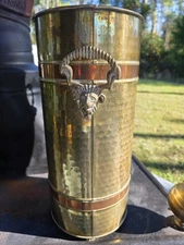 VTG Hammered Brass Coal Scuttle Ash Bucket Ram Head Handles Fireplace Hearth 15"