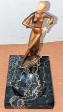 1920`s Art Deco Nouveau Metalware Lady Dancer Statue on Marble Base Ash Tray