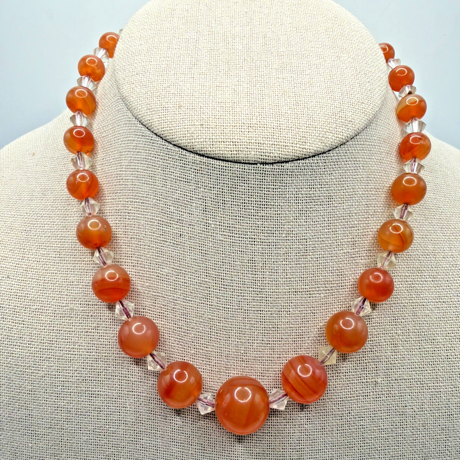 Vintage Hand-knotted Carnelian Clear Glass Graduated Bead Necklace