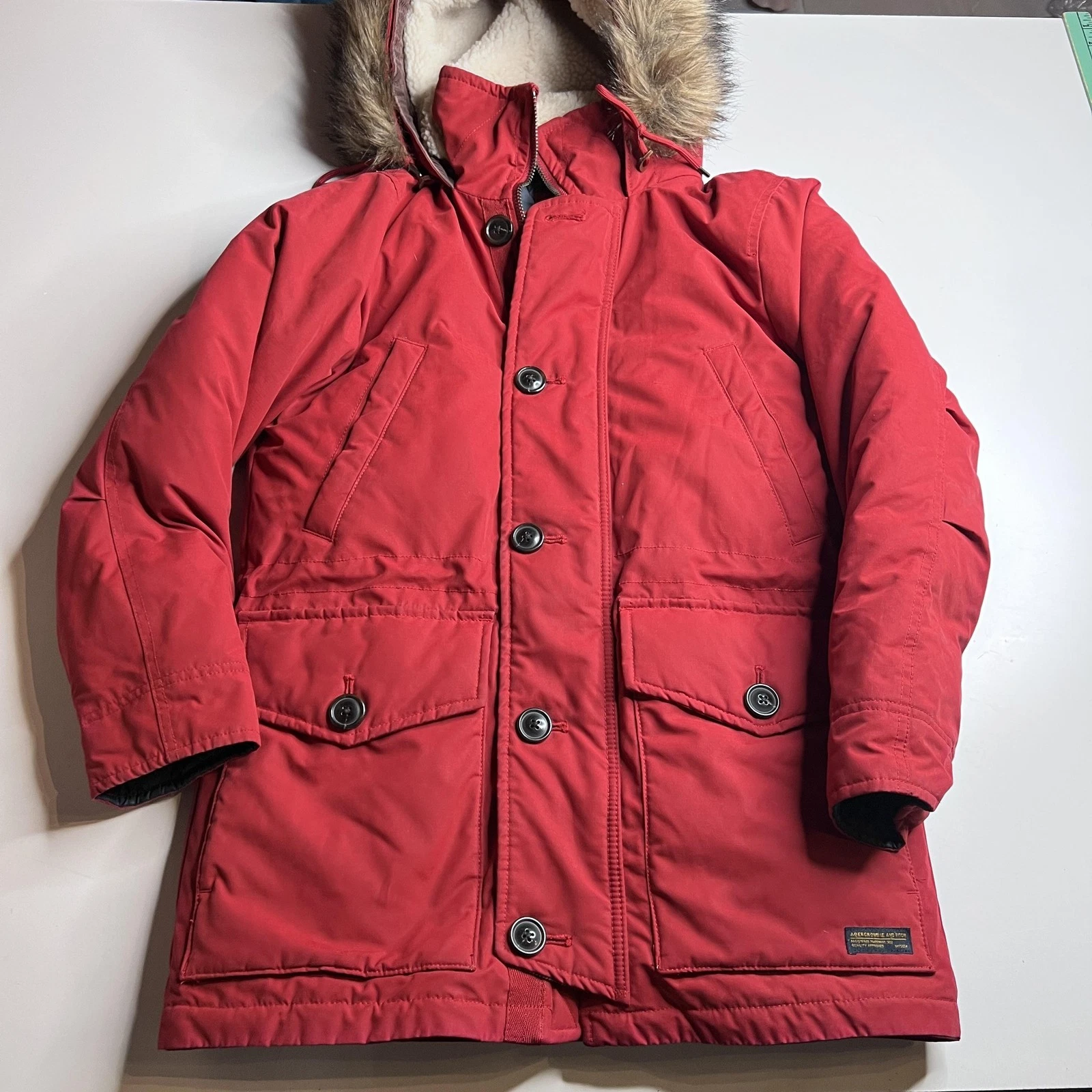 Abercrombie & Fitch Coat Mens XS Red Down Parka Hooded Fur Trim Insulated Winter