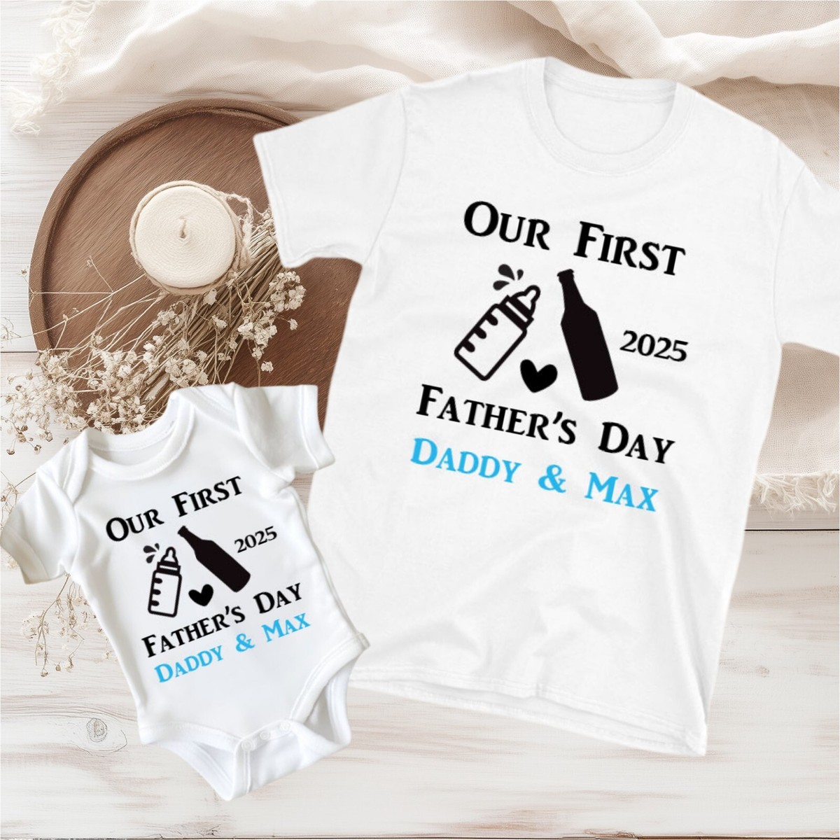 Personalised Our First 1st Fathers Day Baby Grow T-Shirt Gift Set Daddy  Dad