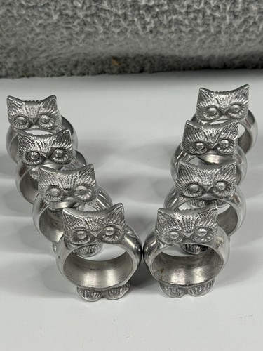 Set of 8 Pewter Owl Napkin Rings Holders