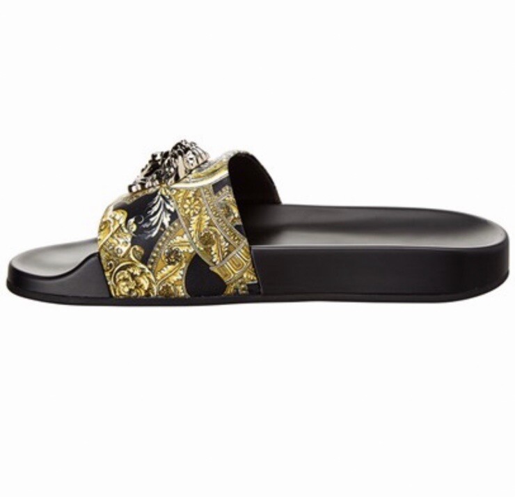 【Versace】メデューサ スライド Versace Women's Black Gold Medusa Palazzo Sandals Slides