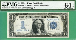 LOW FOUR DIGIT SERIAL - A 00001004 A - 1934 $1 SC - Fr 1606 - PMG CU 64 EPQ