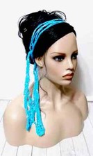 crochet womans handmade headband hair scarf boho wrap raspberry blue USA made