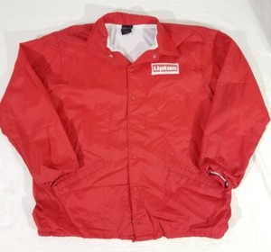 Vintage Lipton Tea Jacket Adult XL Red Snap Up Windbreaker Collar Drink Hilton