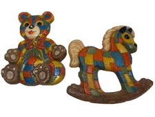 Vintage FoamCraft Patchwork Pair wall plaques Teddy Bear and Rocking horse 12in