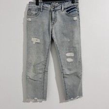 Free People Light Wash Cropped Jeans Size 25 Distressed Denim Raw Hem Moto Knee