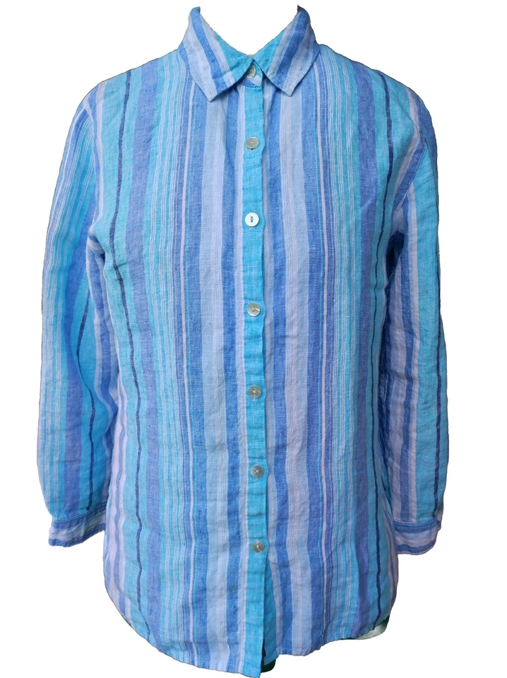 Studio Works 女式长款 Slv 束腰上衣衬衫亚麻条纹蓝色 S 码贝壳扣 — 第 2/4 张图片