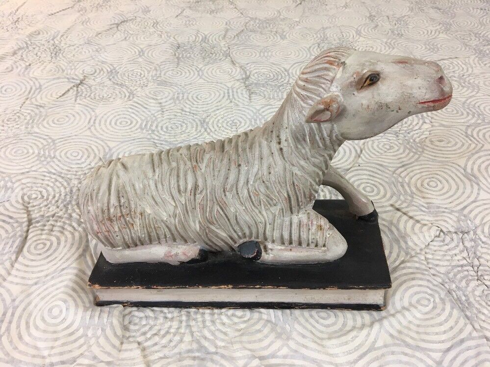 Antique Carved 18th Century Large Polychrome Wooden Lamb of God on Bible