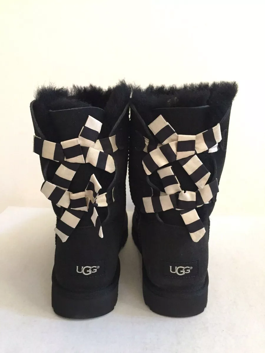 UGG CLASSIC SHORT BAILEY BOW STRIPE BLACK WOMEN BOOT US 7 EU 38 UK 5.5 NIB