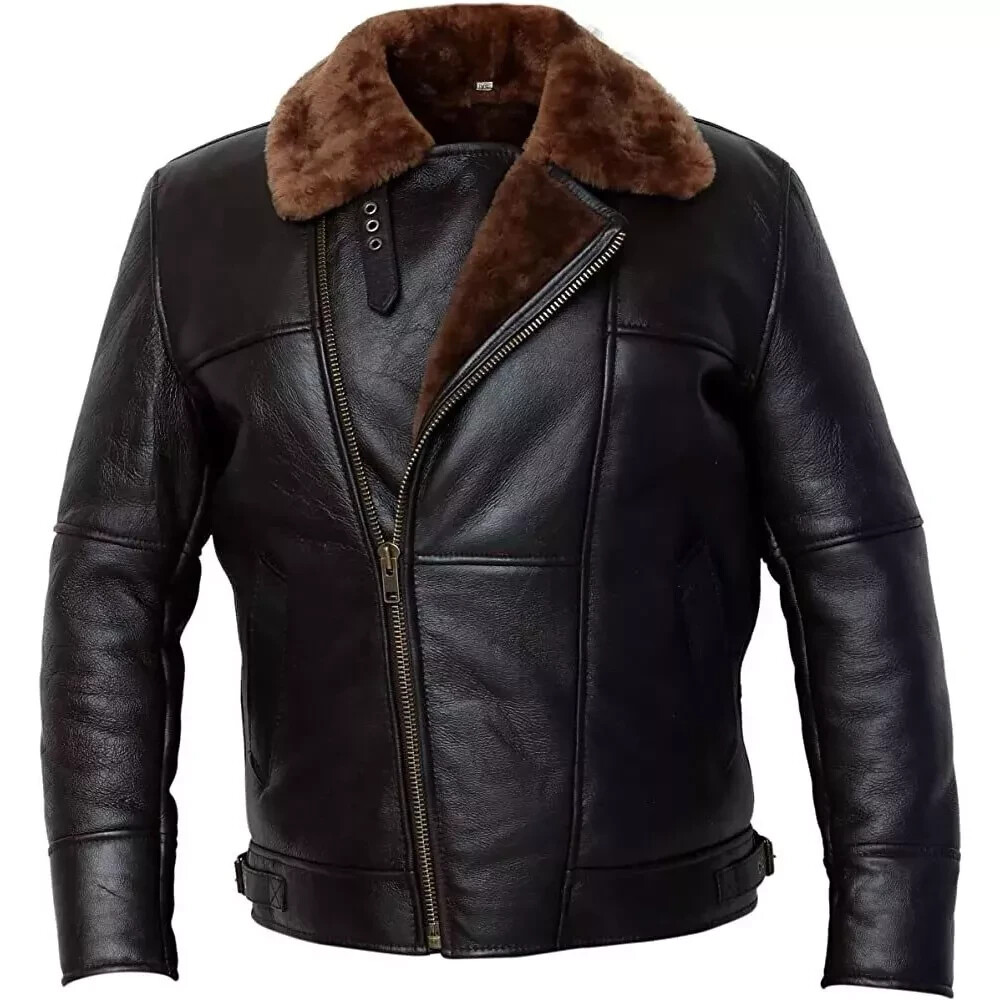 Chaqueta de bombardero de aviador B3 para hombre de cuero de oveja real negro...