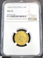 1868 PHILIPPINES GOLD 4 PESOS QUEEN ISABELLA II NGC AU 53 RARE LOW MINTAGE