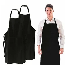 2 Pack Unisex Black Bib Aprons with 2 Pockets for Chef Waiter Kitchen Restaurant