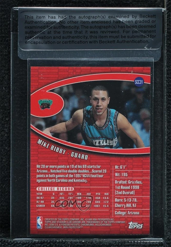 BAS 1998-99 Topps Stadium Club Chrome Mike Bibby Seal of Authenticity Rookie RC - Image 2 of 2