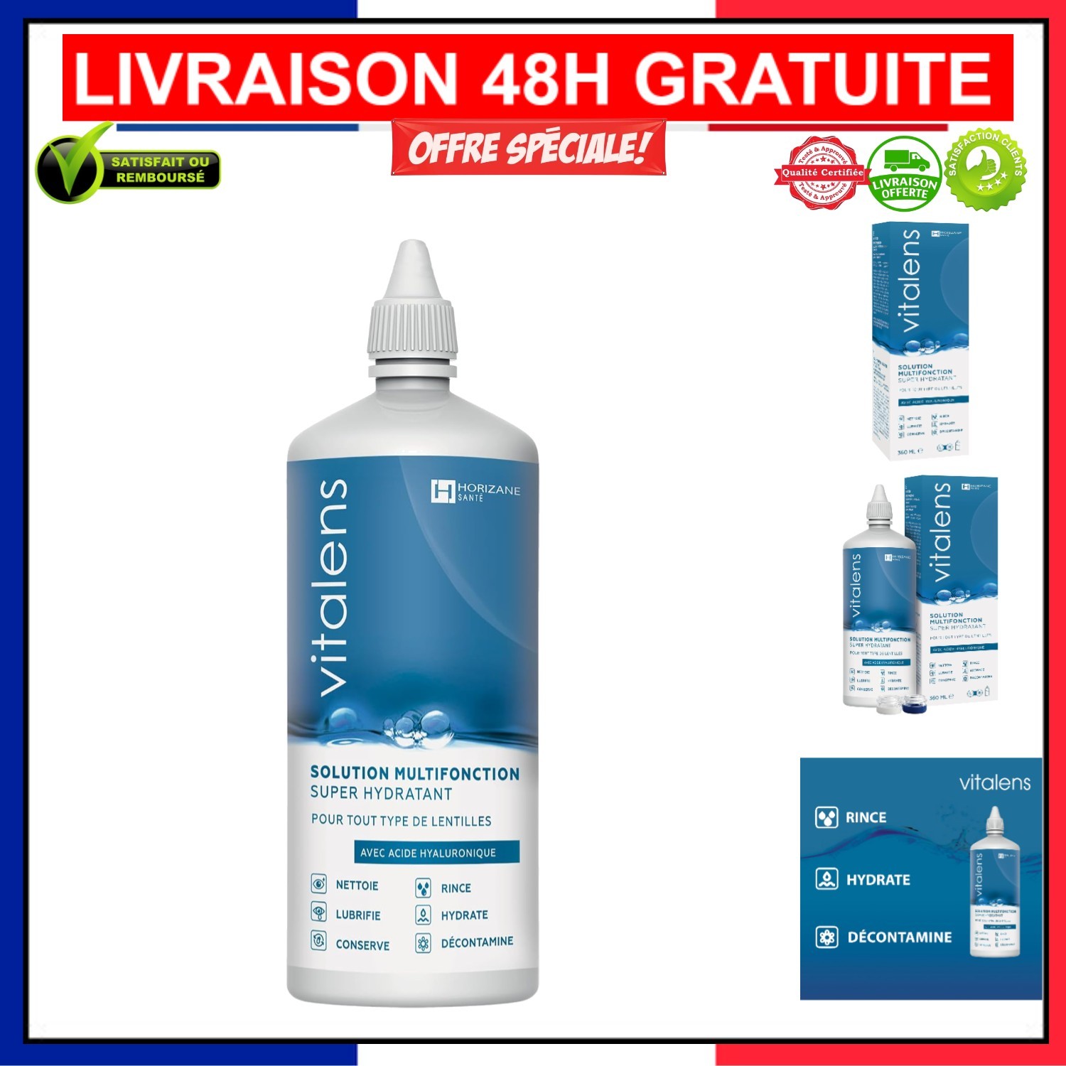 Solution lentilles souples Vitalens 360ml liquide désinfectant anti-irritation oculaire