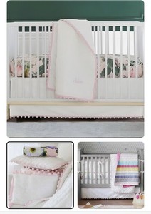 POTTERY BARN KIDS Pom Pom Nursery Crib Skirt & Sham Organic Cotton White & Pink