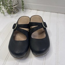 Dansko Britney Black Leather Buckle Mary Jane Clogs Comfort Wood Heel Size 35