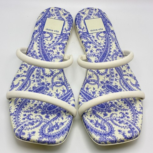 Dolce Vita Lester Square Toe Slide Sandals Womens 7.5 Blue White Paisley NWOB