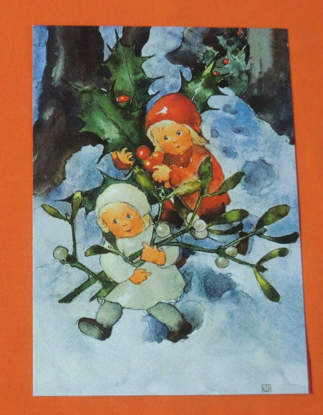 1X Postkarten Mili Weber Mistelzweig Kinder Kunst Winter Viel Schnee Ilex-image