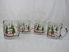 Set of 4 Christmas Mugs Cups Christmas Trees on Clear Glass Made in USA
