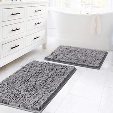 H.VERSAILTEX Bath Rugs Set 20x32, 17x24 Gray Chenille Shag Non-Slip Bathroom Mat