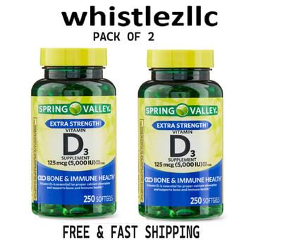 Spring Valley Vitamin D3 Softgels, 125 mcg per Softgel, 5,000 IU, 250 Ct-2 Pack