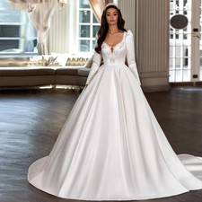 Elegant Wedding Dresses Satin With Embroidered Lace V-Neck Full Sleeve Gowns