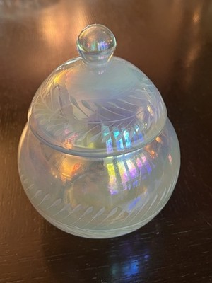 Vintage Iridescent Etched Glass Lidded Apothecary Jar Vanity Powder Dish 7 