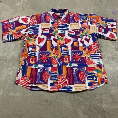 90s VTG HENRY GRETHEL Saxophone JAZZ USA Flag Shirt XL Abstract Funky Hearts - Picture 1 of 4