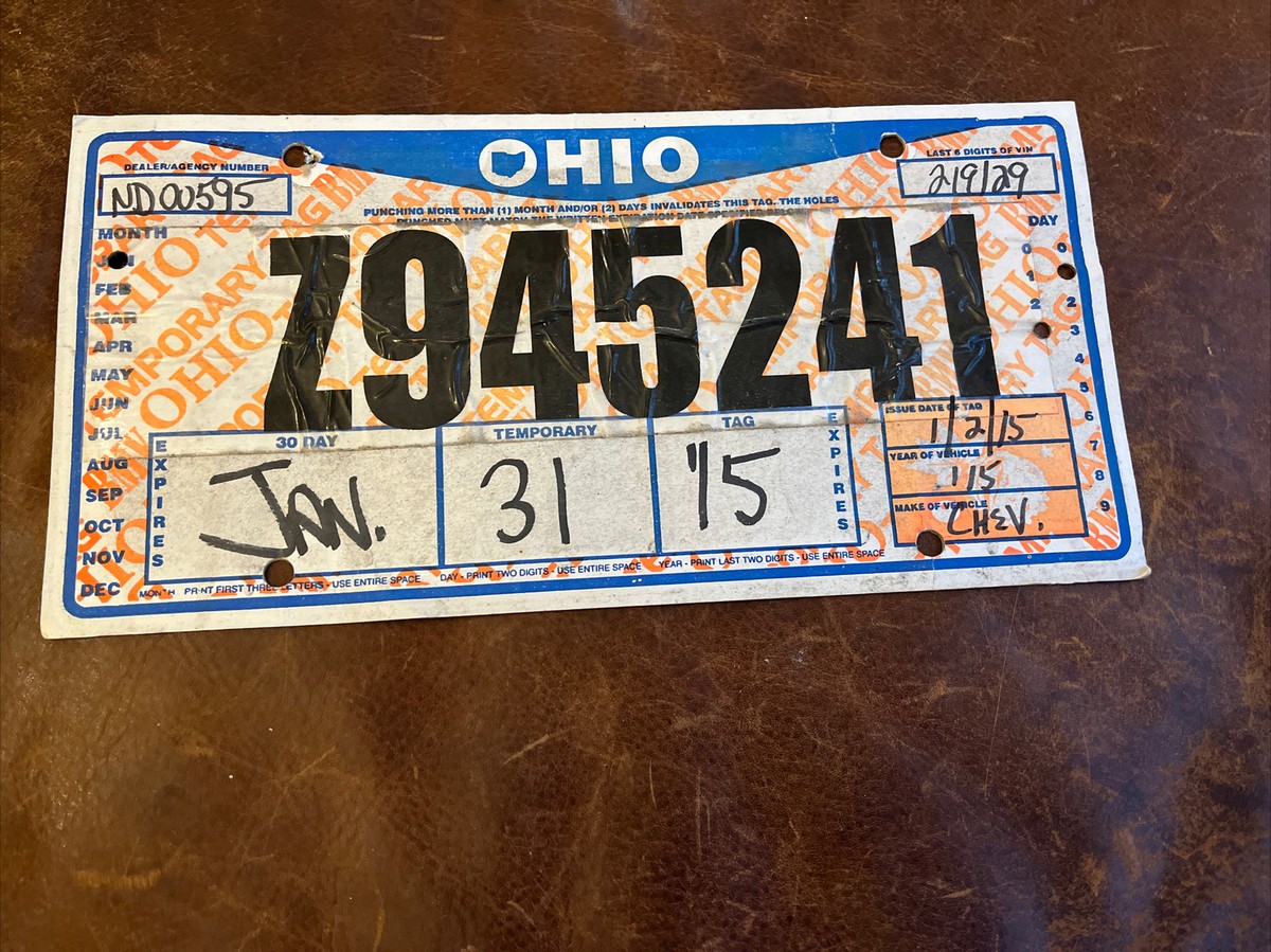 2015 Ohio Temporary License Plate OH Temp Tag Z 945241 Chevy