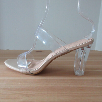 Katliu 42 Womens size 10.5 Clear Chunky Heels Slide Sandals Nude