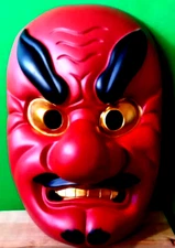 Japanese Noh Helmet Mask Tengu Long Nose Kabuki Festival Omen  Red