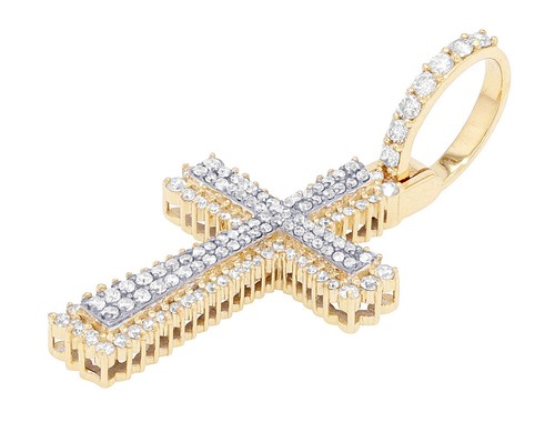 Four Row Cluster 3/5 CT Real Diamond 3D Cross Pendant 1.4" 10K Yellow Gold - Picture 2 of 4