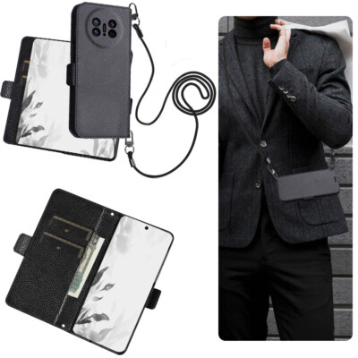 Genuine Leather Wallet Case with Crossbody Strap for HUAWEI Fold