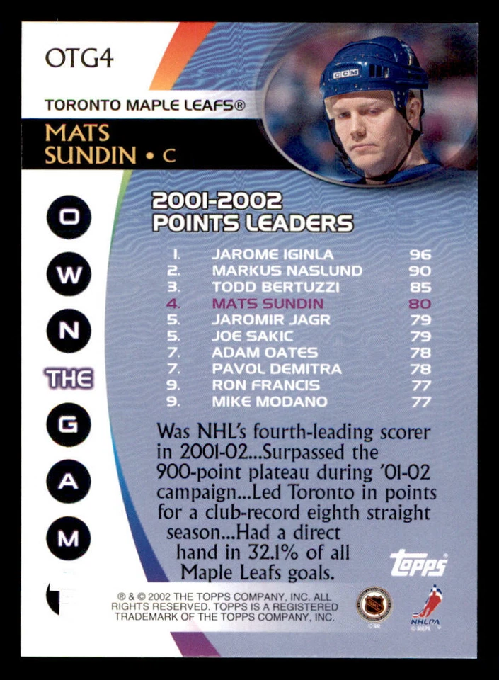 2002-03 Topps Own The Game #OTG4 Mats Sundin (ref 237938) - Image 2 of 2